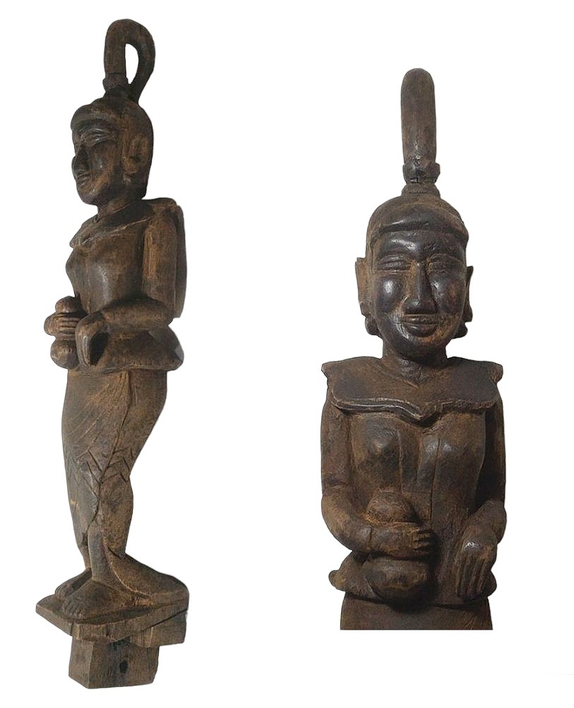 ไม้แกะสลักเก่าศิลปะพม่า-นางถือถุงทอง 43cm