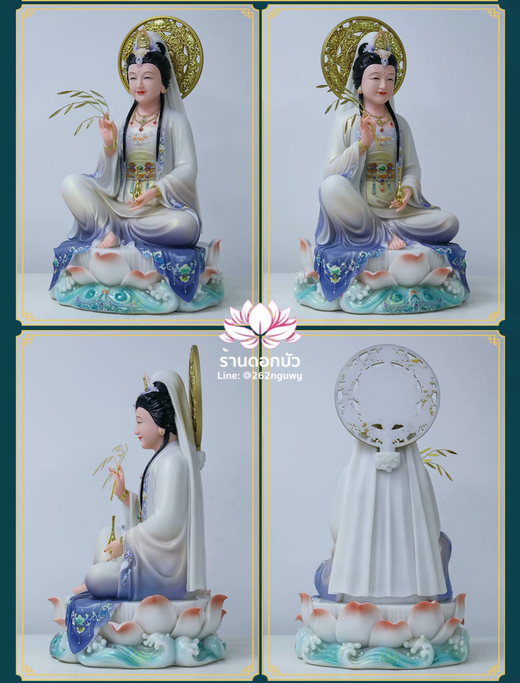 พระโพธิสัตว์กวนอิม ปางนั่งชันเข่าประทับบนดอกบัว งานหินอ่อนคุณภาพสูง ขนาด 12/16/19/26 นิ้ว