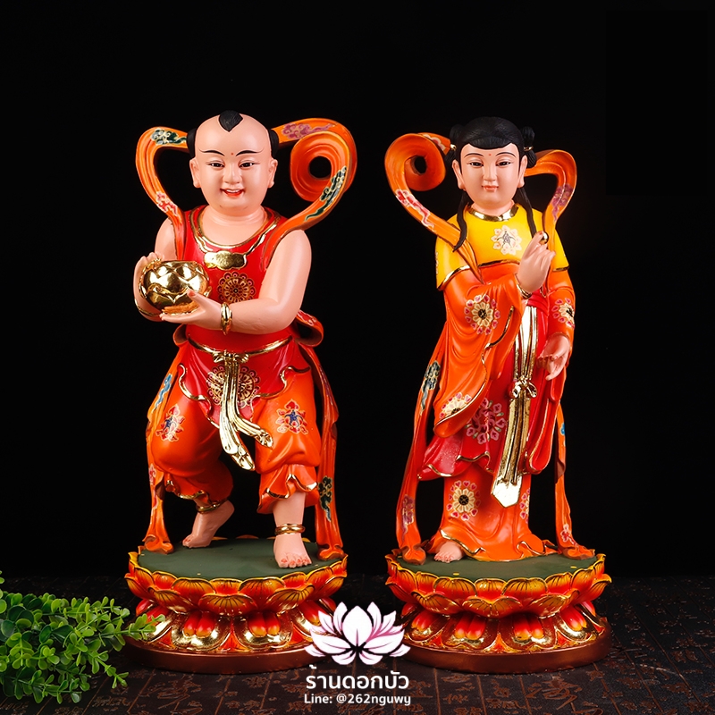 องค์พระเซียนจ๋าย-หยกลื้อ ลูกศิษย์พระโพธิสัตว์กวนอิม งานเรซิ่น สีส้ม ขนาด 14 นิ้ว