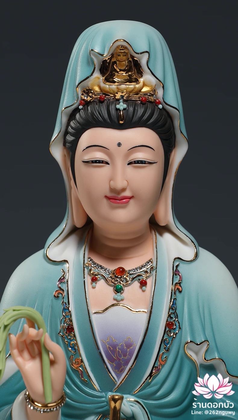 พระโพธิสัตว์กวนอิม พระแม่กวนอิมปางประทานพร นั่งดอกบัวลอยเหนือน้ำ งานกระเบื้องฮกเกี้ยนคุณภาพสูง ขนาด 12/16/18 นิ้ว