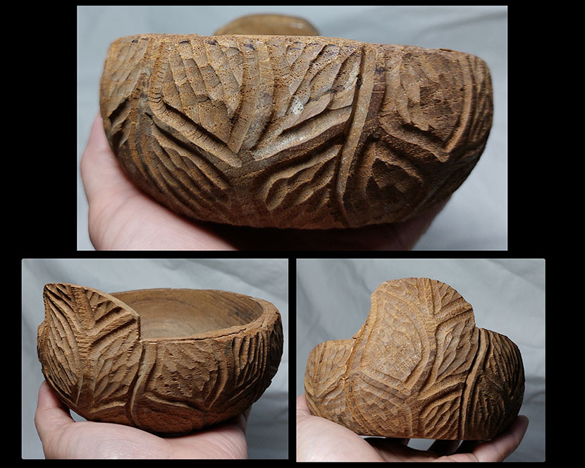 ชามหรือถ้วยไม้สัก แกะลาย ใช้ใส่ของเล็กๆ งานเก่า