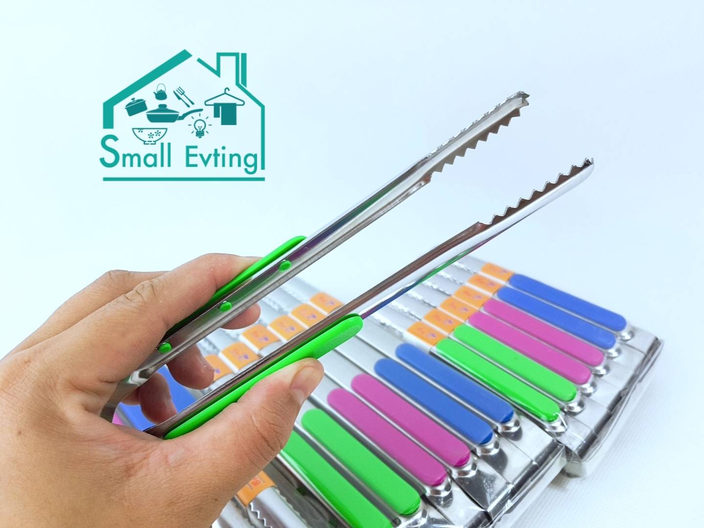 Small Evting ที่คีบอาหารด้ามพาลสติก ขนาดกลาง 8 นิ้ว แพ็คล่ะ 6 ชิ้น คละสี ผลิตจากสแตนเลส ที่คีบอเนกประสงค์ ที่คีบปิ้งย่าง บาร์บีคิว