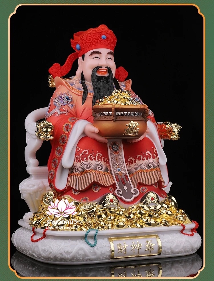เทพเจ้าไฉ่ชิงเอี๊ย เทพเจ้าแห่งโชคลาภ ประทับนั่งบัลลังก์มังกรบนกองเงิน งานหินอ่อนคุณภาพสูง ขนาด 12/16/19/26 นิ้ว