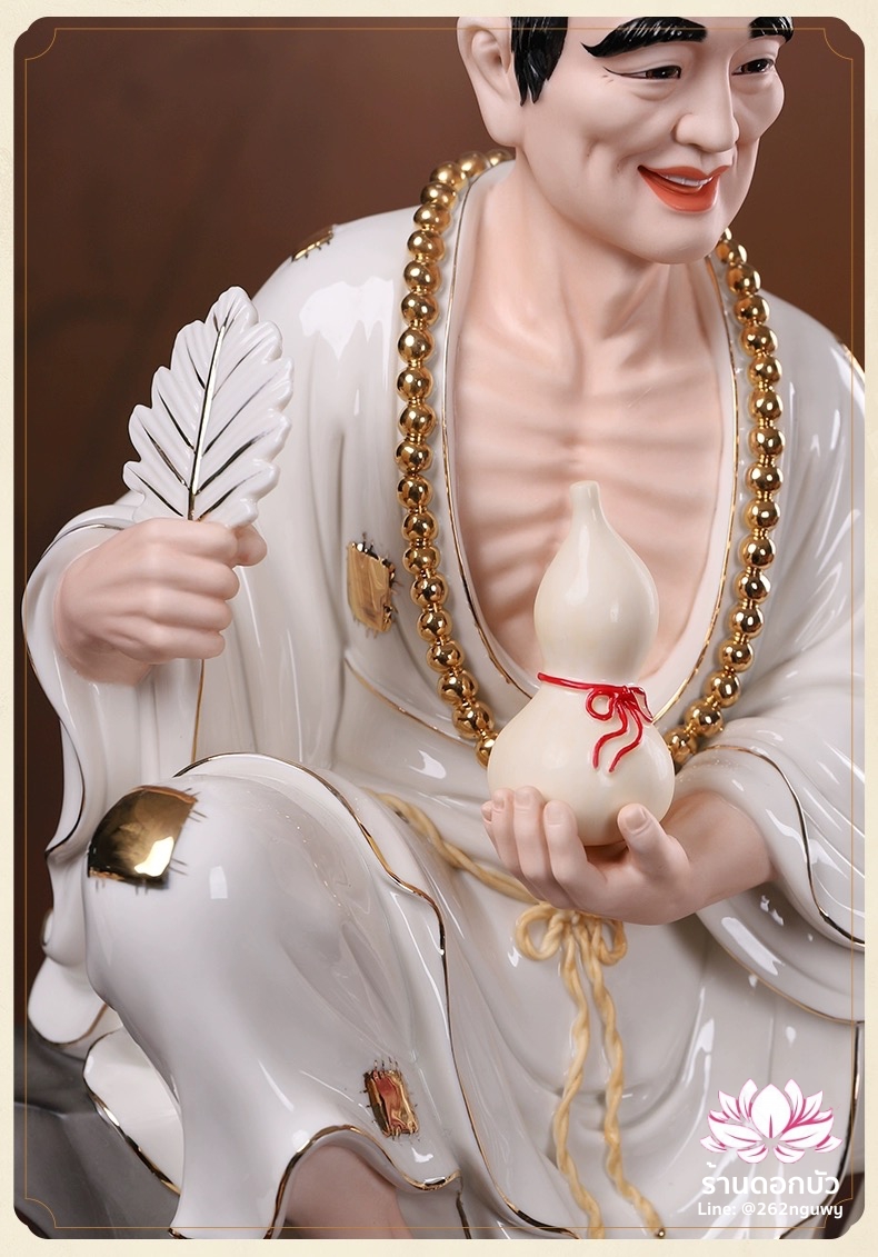 พระอรหันต์จี้กง เต้าจี้ฉานซือ งานกระเบื้องฮกเกี้ยน สีขาวขลิบทอง ขนาด 18 นิ้ว
