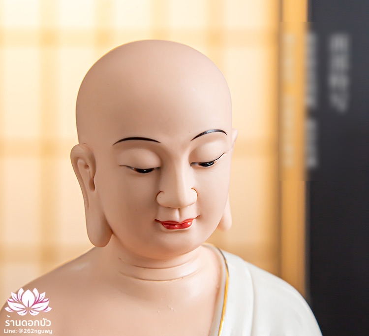 พระพุทธเจ้าและพระอัครสาวก พระมหากัสสปะและพระอานนท์ งานกระเบื้องฮกเกี้ยน สีขาวขลิบทอง