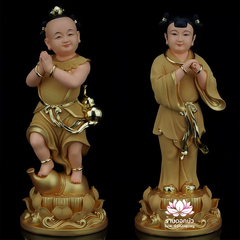 กิมท้ง-เง็กนึ่ง เซียนจ๋าย-หยกลื้อ ลูกศิษย์พระโพธิสัตว์กวนอิม เนื้อสีทองพ่นทราย ขนาด 8/10/12/16/19 นิ้ว