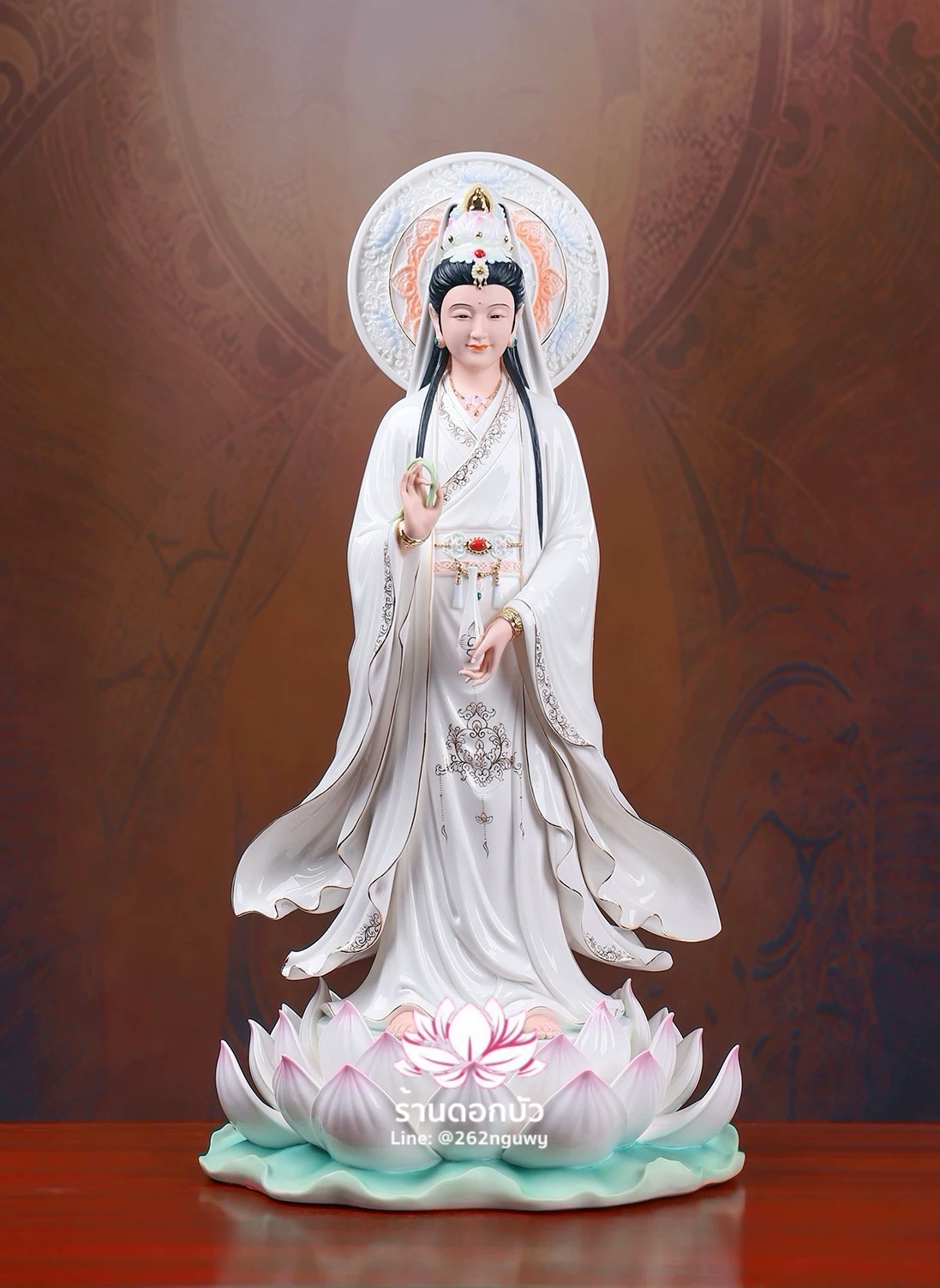 พระโพธิสัตว์กวนอิม พระแม่กวนอิมปางประทานพร ยืนบนดอกบัว (เมี่ยวซ่าน) งานกระเบื้องฮกเกี้ยนคุณภาพสูง ขนาด 12/16/19/26/36 นิ้ว