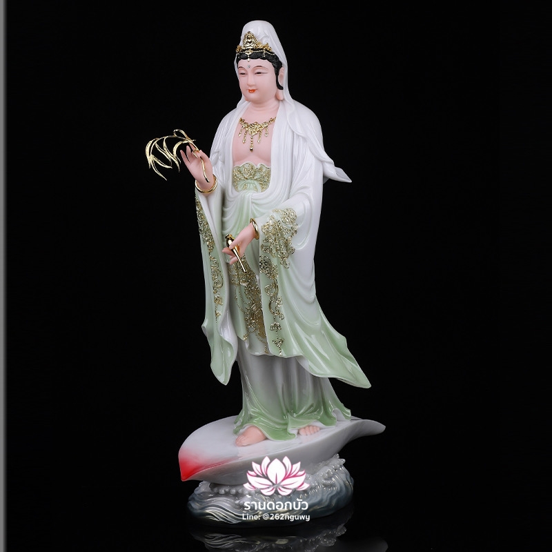 พระโพธิสัตว์กวนอิม พระแม่กวนอิมปางประทานพร ประทับยืนบนกลีบบัว งานหินอ่อนคุณภาพสูง ขนาด 16/19/26/35/51 นิ้ว สีหยก
