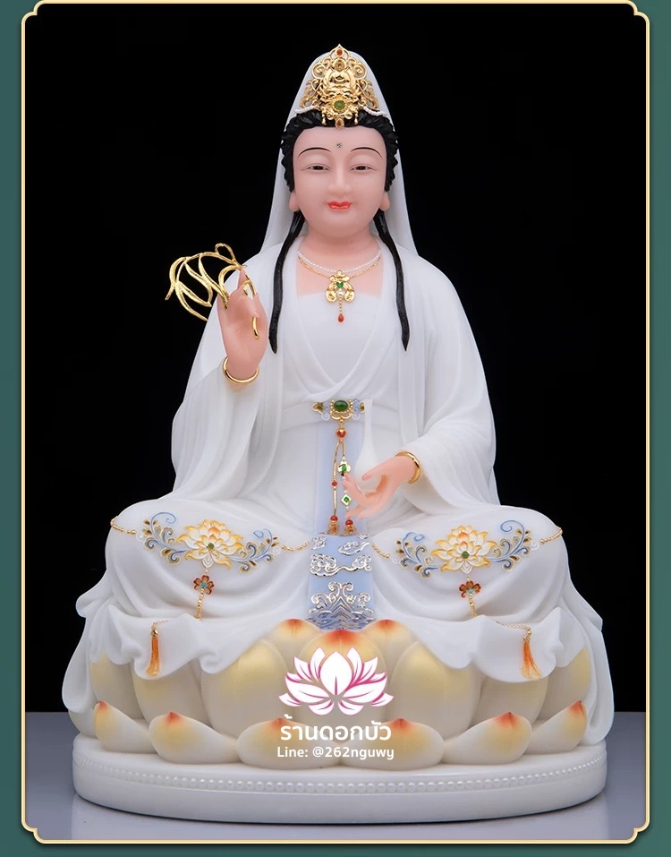 พระโพธิสัตว์กวนอิม พระแม่กวนอิมปางประทานพร ประทับนั่งบนดอกบัว งานหินอ่อน ขนาด 12/16/19/26 นิ้ว