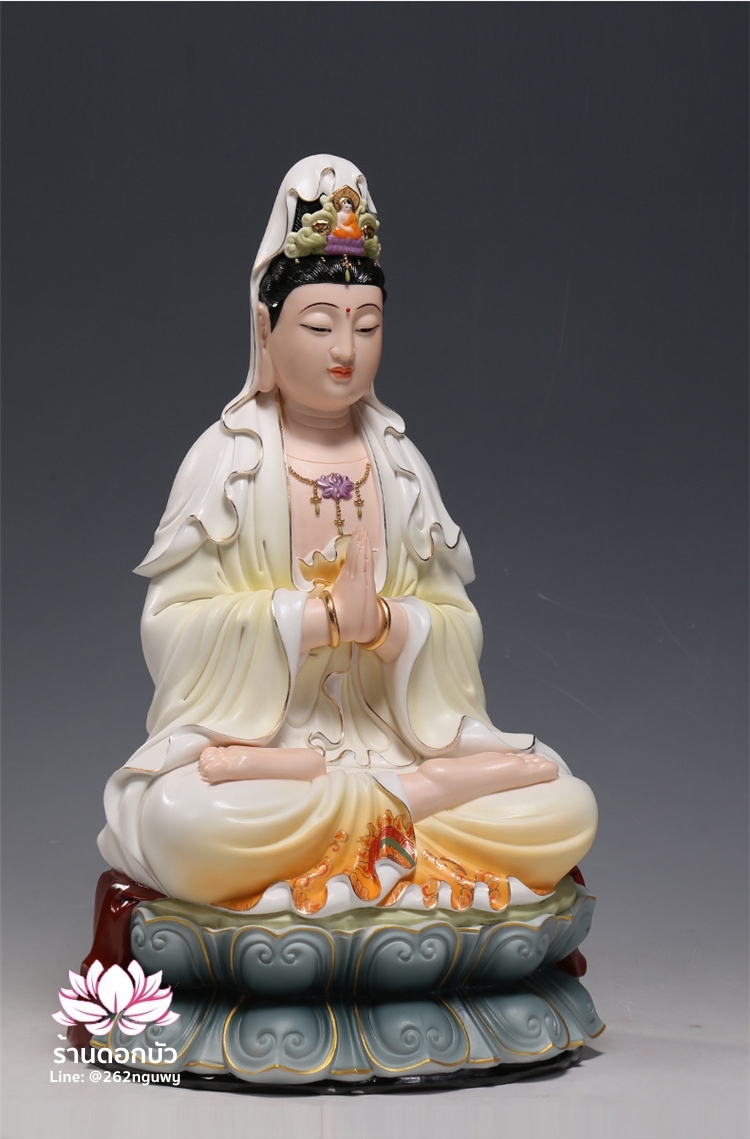 พระโพธิสัตว์กวนอิม พระแม่กวนอิมโพธิสัตว์ ปางพนมมือ ประทับนั่งดอกบัว ขนาด 13/18 นิ้ว