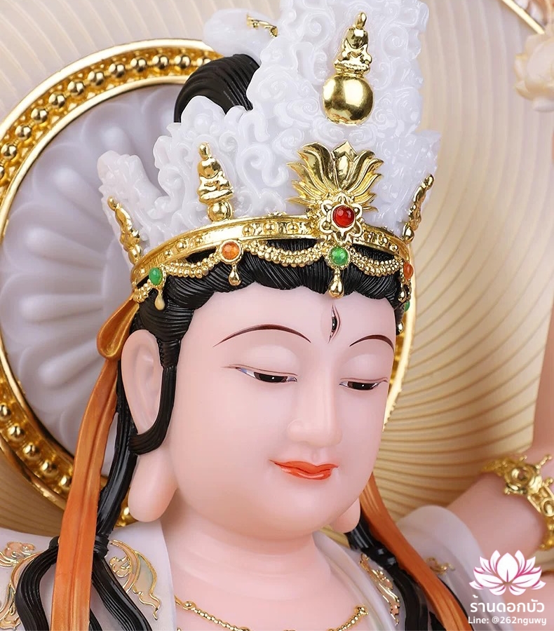 พระจุนทีโพธิสัตว์ พระโพธิสัตว์จุนทา ประทับนั่งบนดอกบัว งานหินอ่อนคุณภาพสูง ขนาด 12/16/19 นิ้ว