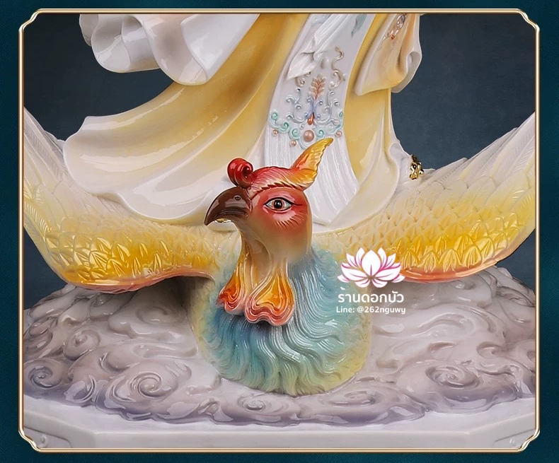 กิ่วเที้ยนเฮี่ยนลื้อ กิวเทียงเหี่ยงนึ่ง จิ่วเทียนเสวียนนี่ ปางยืนบนหงส์บริวาร งานเรซิ่นเทคนิคกระเบื้อง ขนาด 12/16/19/26 นิ้ว