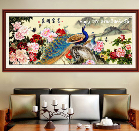 อุปกรณ์งานฝีมือ DIY ครอสติสคริสตัลรูปนกยูงคู่ในสวนดอกโบตั๋น 4