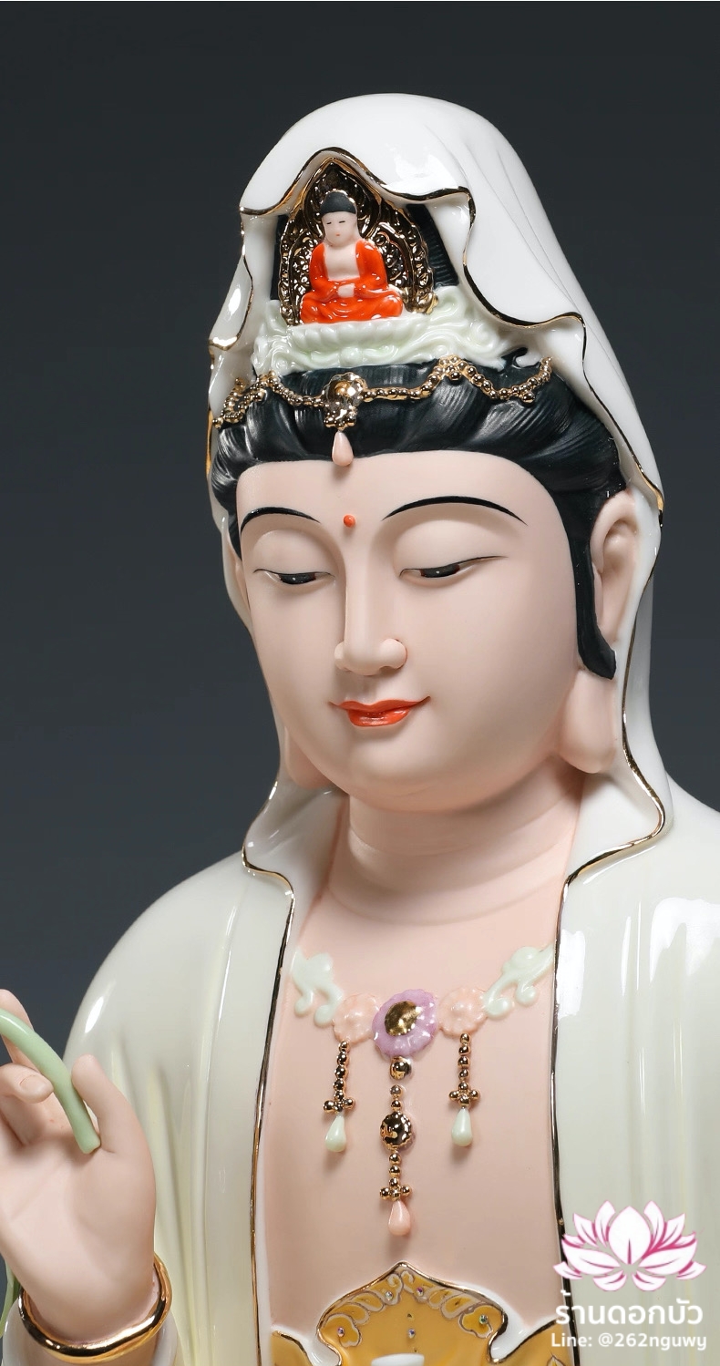 พระโพธิสัตว์กวนอิม พระแม่กวนอิมปางประทานพร ประทับนั่งดอกบัว งานกระเบื้องฮกเกี้ยน ขนาด 12/14/16/19 นิ้ว