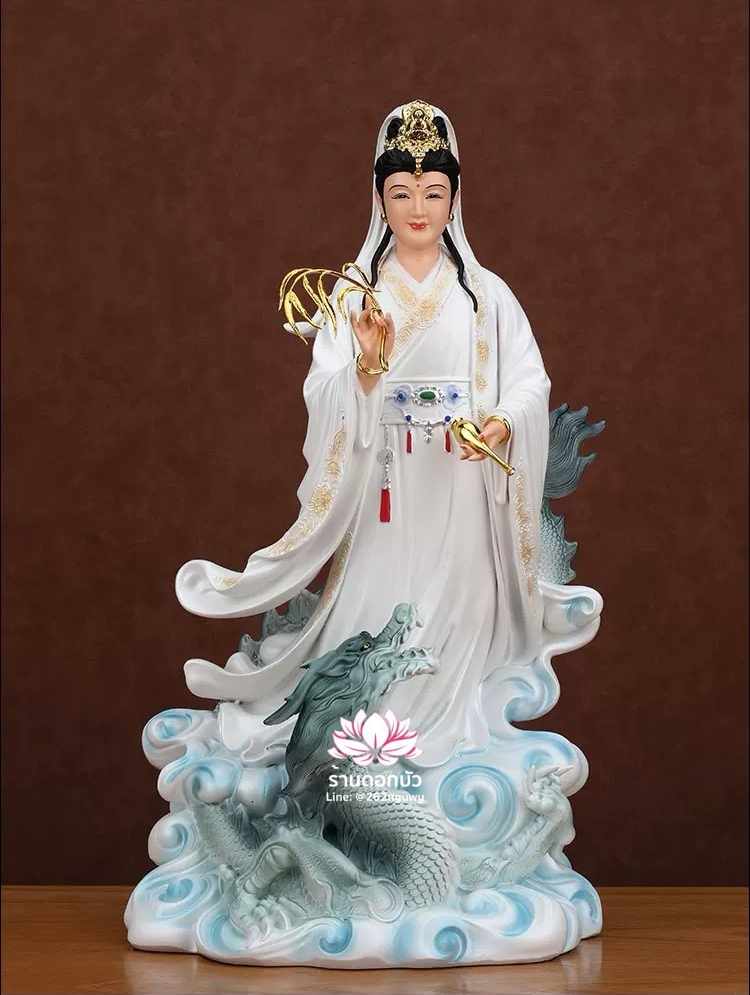 พระโพธิสัตว์กวนอิมปางเหยียบมังกร พระแม่กวนอิมยืนมังกร งานเรซิ่นคุณภาพสูง ขนาด 12/16/19/26 นิ้ว
