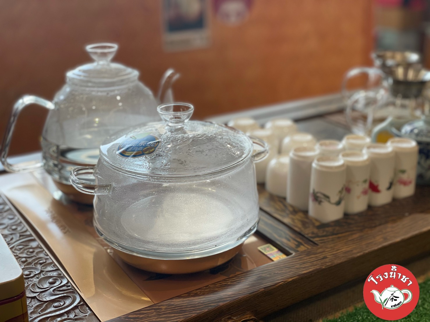 กาต้มน้ำชาไฟฟ้า พร้อมหม้อลวกจอกน้ำชา เติมน้ำอัติโนมัติ แก้วทนร้อนสูง