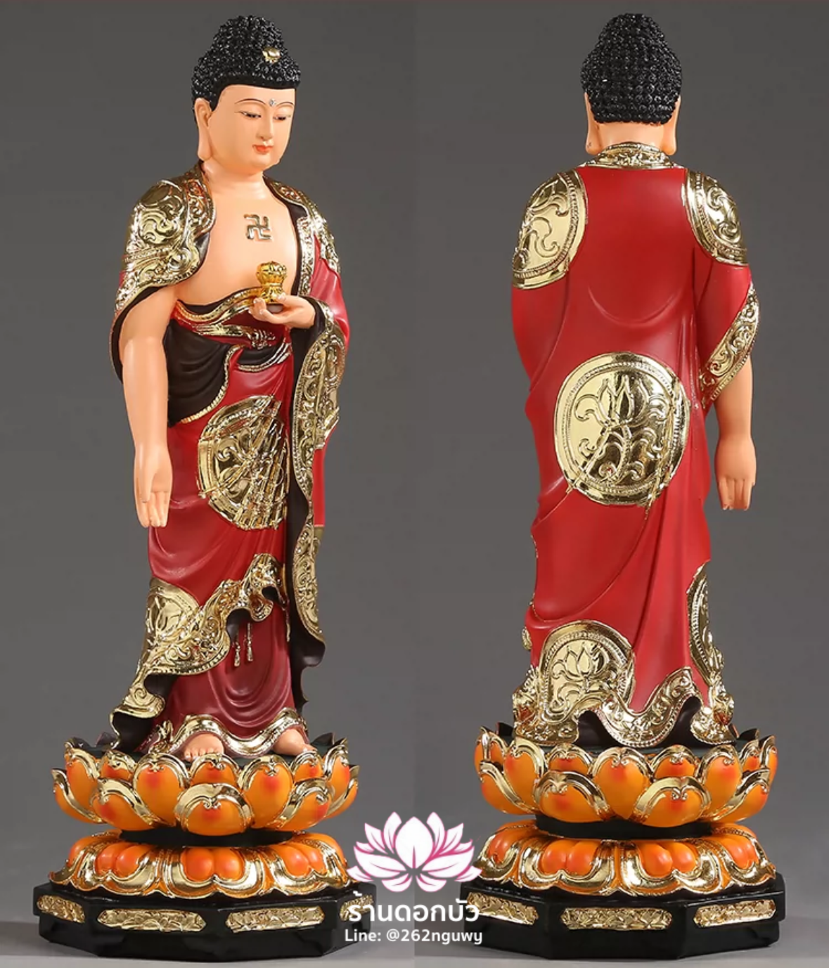 พระพุทธเจ้า (พระยูไล) พระโพธิสัตว์กวนอิม (กวนอิมผ่อสัก) พระมหาสถามปราปต์โพธิสัตว์ (ไต่ซีจี่ผ่อสัก) ปางยืนบนดอกบัว ขนาด 12/16/19/26 นิ้ว