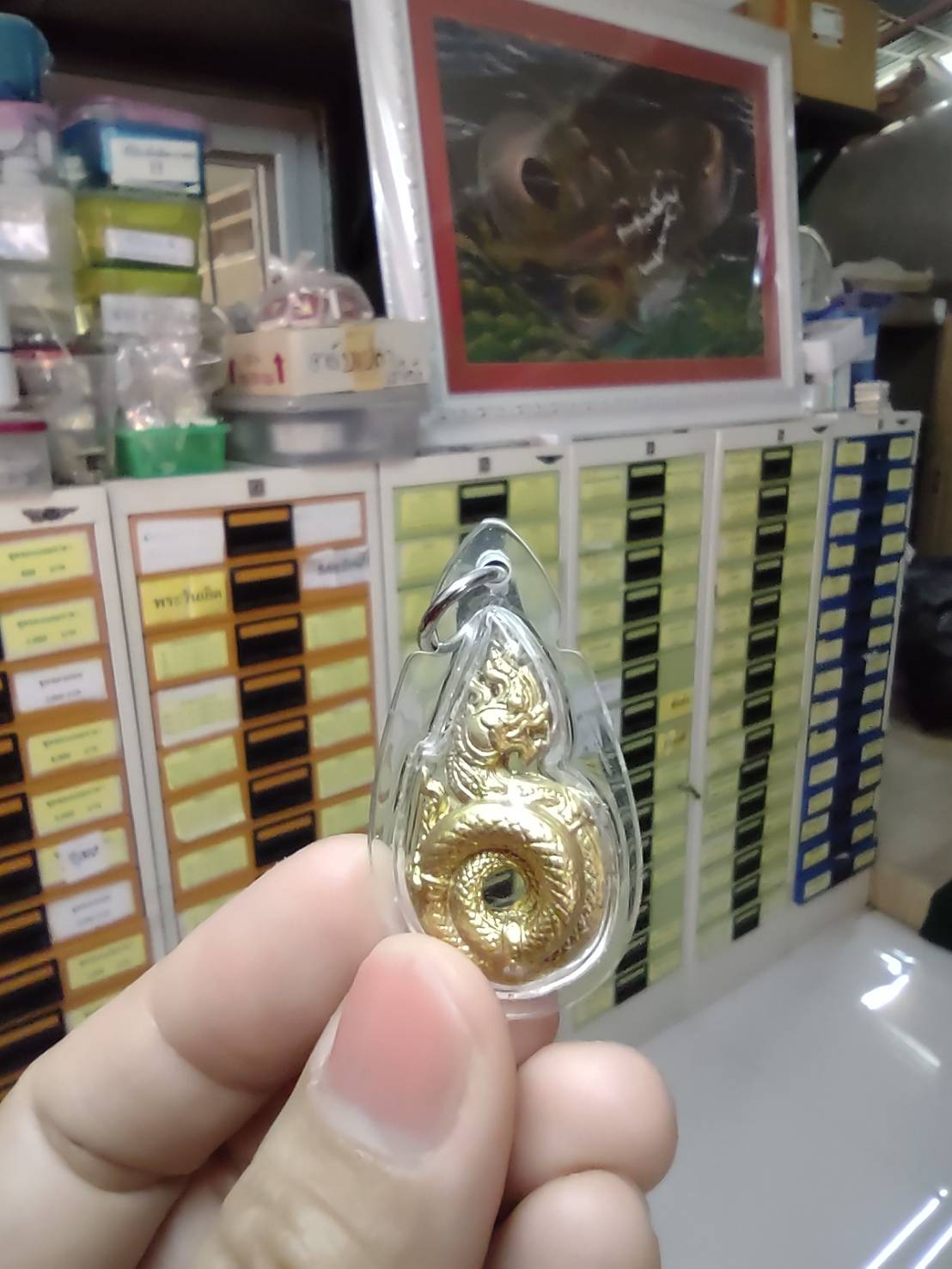 จี้พญานาค สีทอง เลี่ยมกรอบพลาสติกกันน้ำ(ไม่มีพลอย)