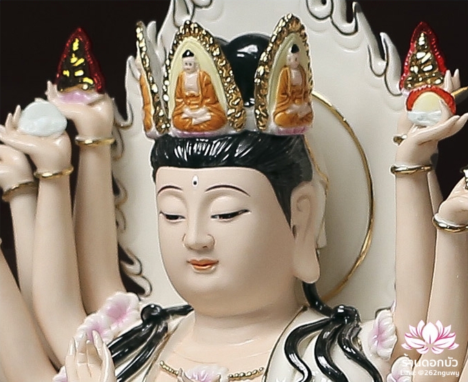 พระโพธิสัตว์กวนอิมพันเนตรพันกร พระแม่กวนอิมพันมือ ปางยืนประทับบัลลังก์ดอกบัวฐานสิงห์ ขนาด 24 นิ้ว