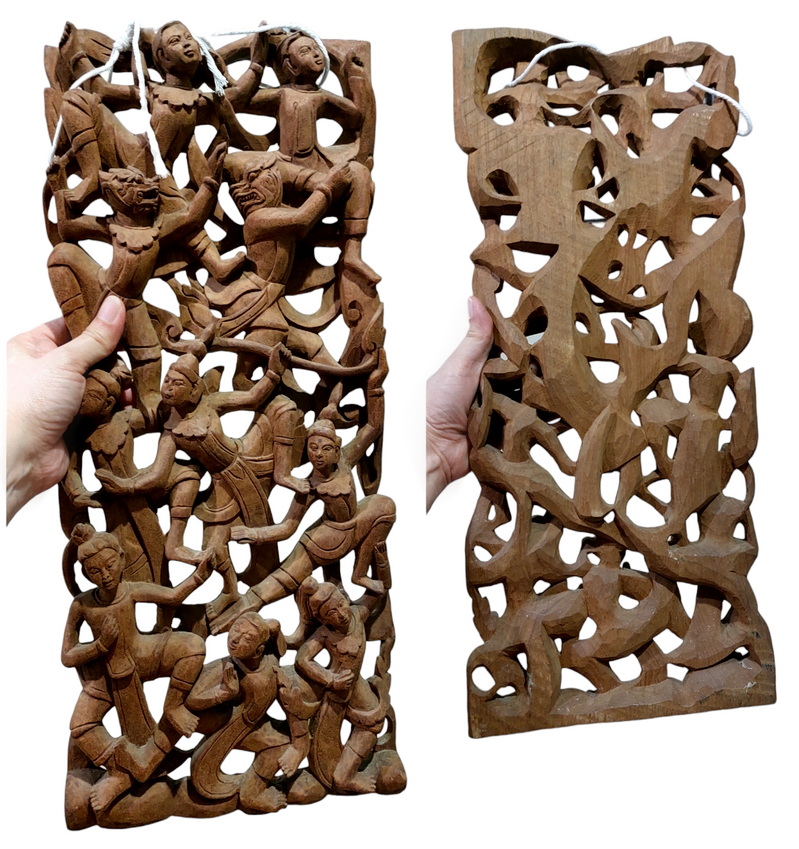 ไม้แกะสลักศิลปะพม่า(เมียนมาร์)ขนาดเล็ก)ประมาณ20cm x 48cm