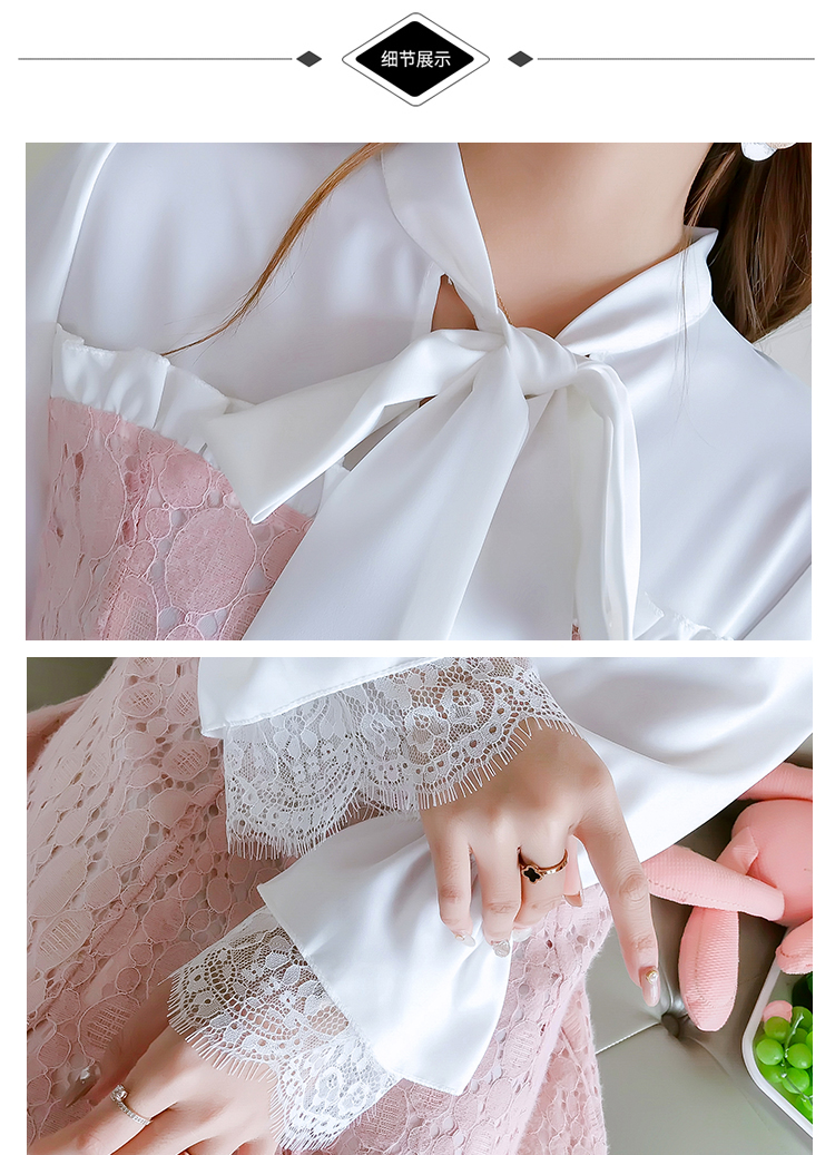 ชุดเดรสสั้นผ้าลูกไม้สีชมพูต่อผ้าโพลีเอสเตอร์สีขาวตัวเสื้อ คอผูกโบว์ แขนยาว ชุดทรงปล่อย สวยน่ารัก