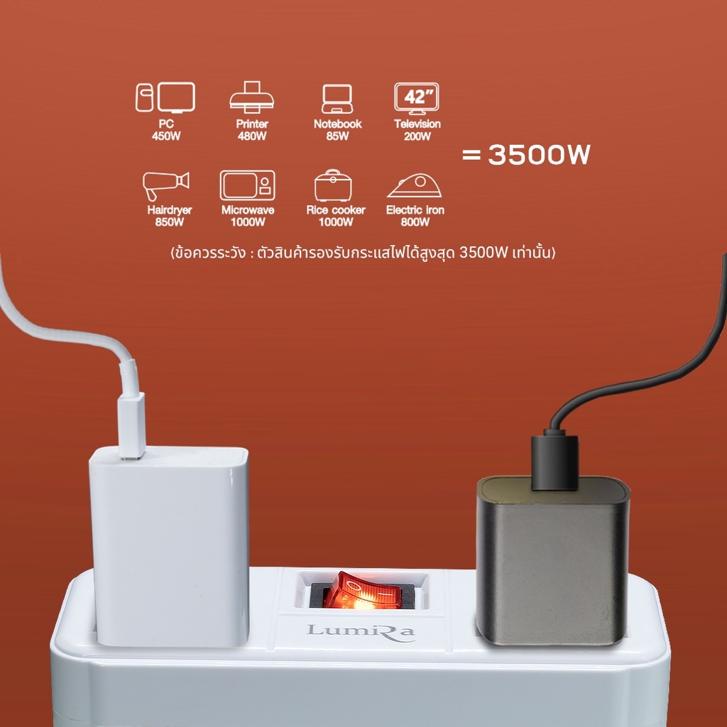 Lumira รุ่น CH036 ปลั๊กแปลง 2ช่อง มีสวิตซ์ 16A 3500W อแดปเตอร์แปลงปลั๊กไฟ ปลั๊กไฟ มีไฟ LED บอกสถานะ