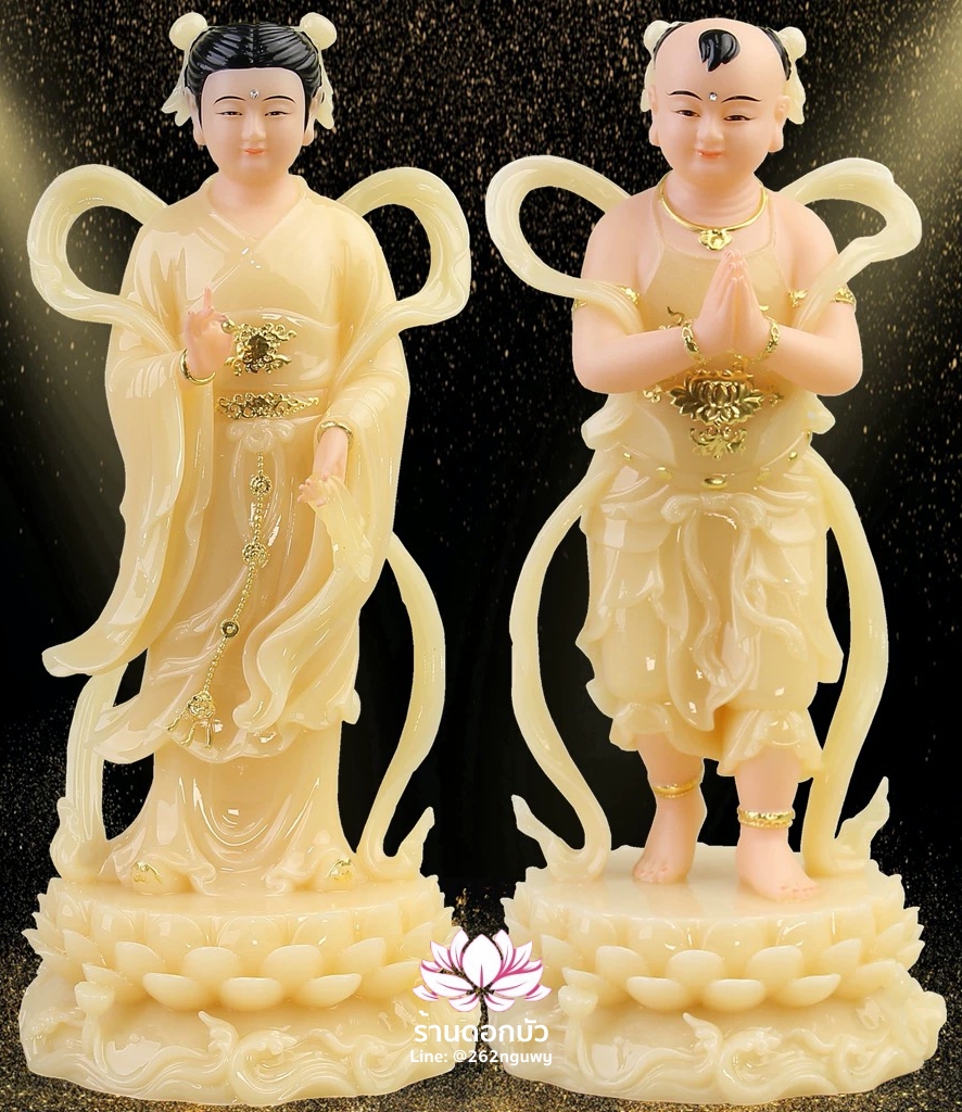 กิมท้ง-เง็กนึ่ง เซียนจ๋าย-หยกลื้อ ลูกศิษย์พระโพธิสัตว์กวนอิม สีบุษราคัม งานหินอ่อน ขนาด 12/16/19/26 นิ้ว