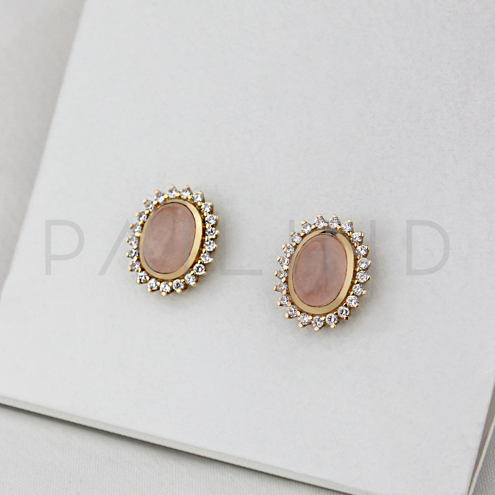 ต่างหูทอง 9K ประดับ ROSE QUARTZ ฝังเพชรรัสเซีย