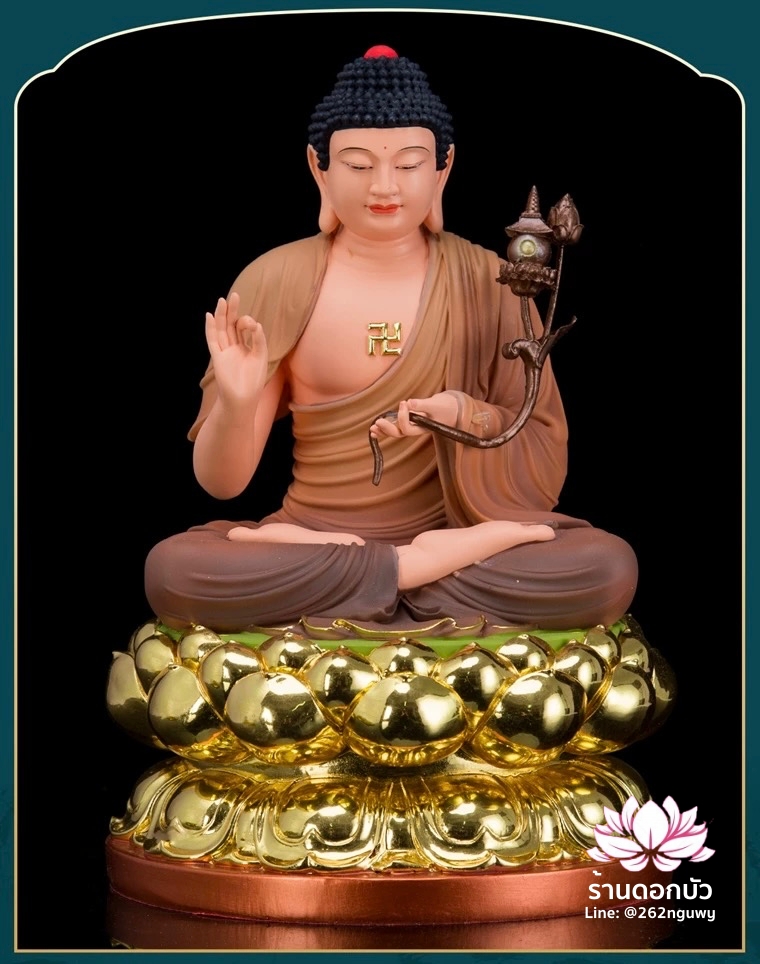 พระพุทธรูป พระพุทธเจ้า พระศากยมุนีพุทธเจ้า ปางนั่งบนดอกบัว งานเรซิ่น ขนาด 16 นิ้ว สีเหลือง/น้ำตาล/เทา