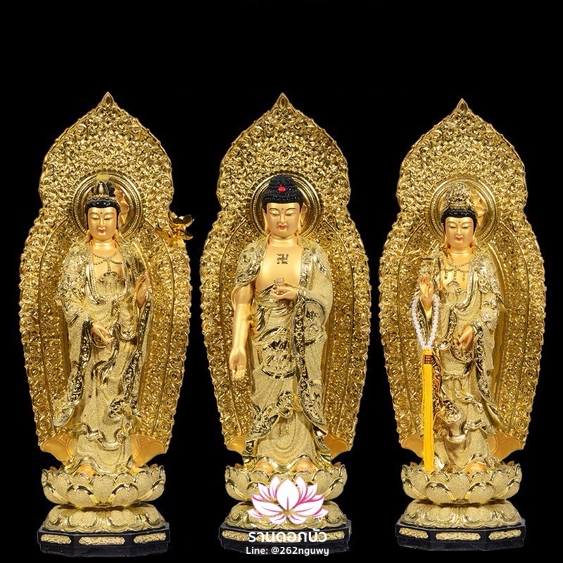 พระพุทธเจ้า (พระยูไล) พระโพธิสัตว์กวนอิม (กวนอิมผ่อสัก) พระมหาสถามปราปต์โพธิสัตว์ (ไต่ซีจี่ผ่อสัก) ปางยืนบนดอกบัว ขนาด 16/19/26/36 นิ้ว