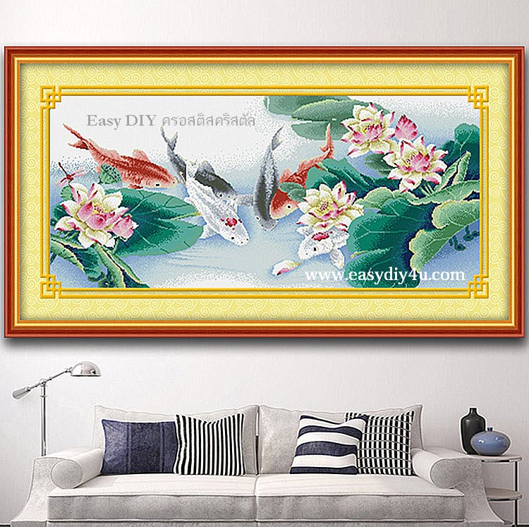 อุปกรณ์งานฝีมือ DIY ครอสติสคริสตัลรูปปลามงคล 8 ตัวและดอกบัว
