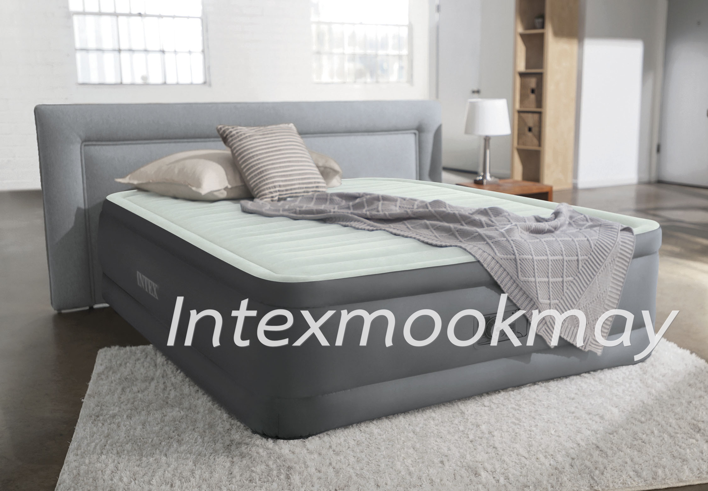 Intex 64906 PremAire Queen Size สีเทา ขนาด 5 ฟุต ปั๊มลมในตัว