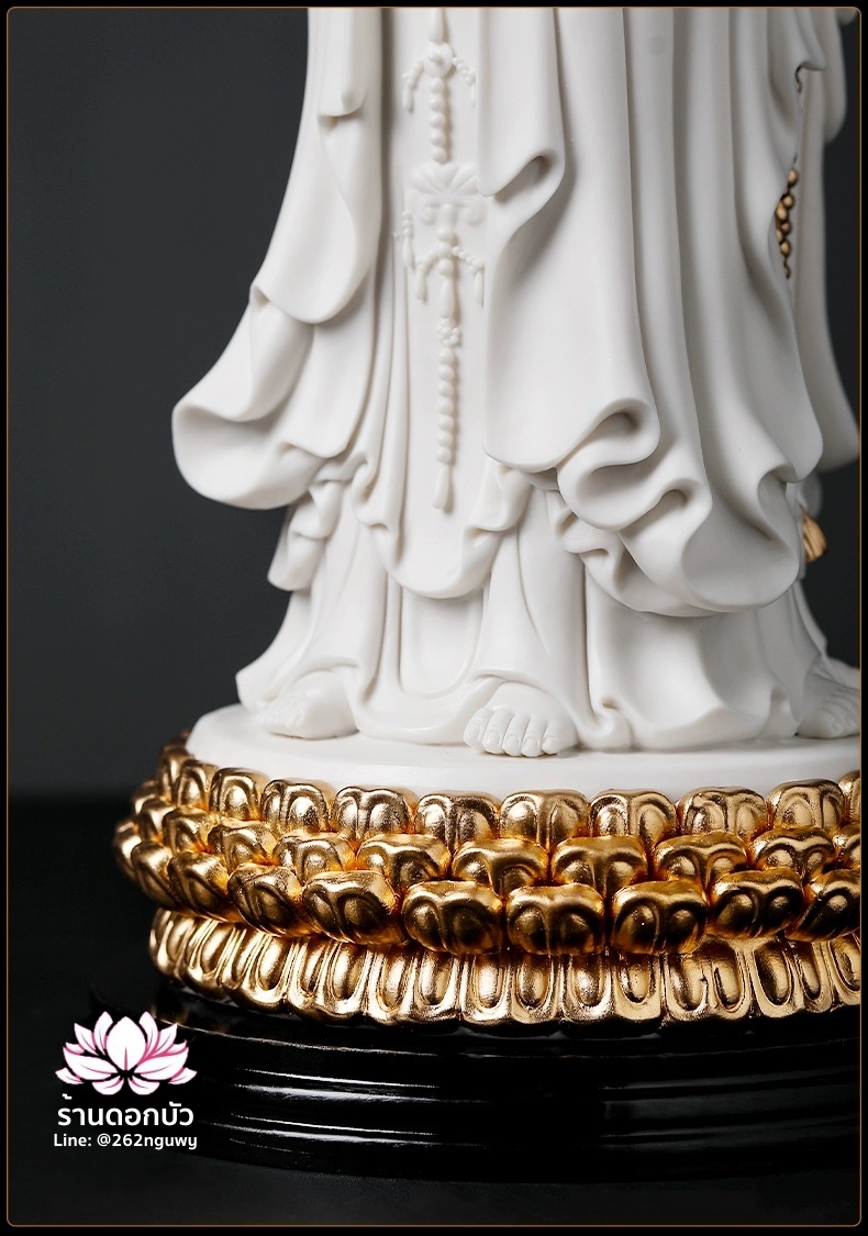 พระโพธิสัตว์กวนอิม 3 พระพักตร์ พระแม่กวนอิม 3 ปาง สีขาวปิดทอง ขนาด 15 นิ้ว