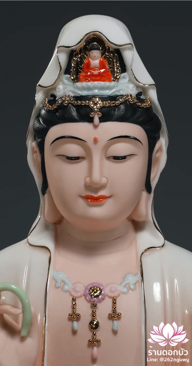 พระโพธิสัตว์กวนอิม พระแม่กวนอิมปางประทานพร ประทับนั่งดอกบัว งานกระเบื้องฮกเกี้ยน ขนาด 12/14/16/19 นิ้ว