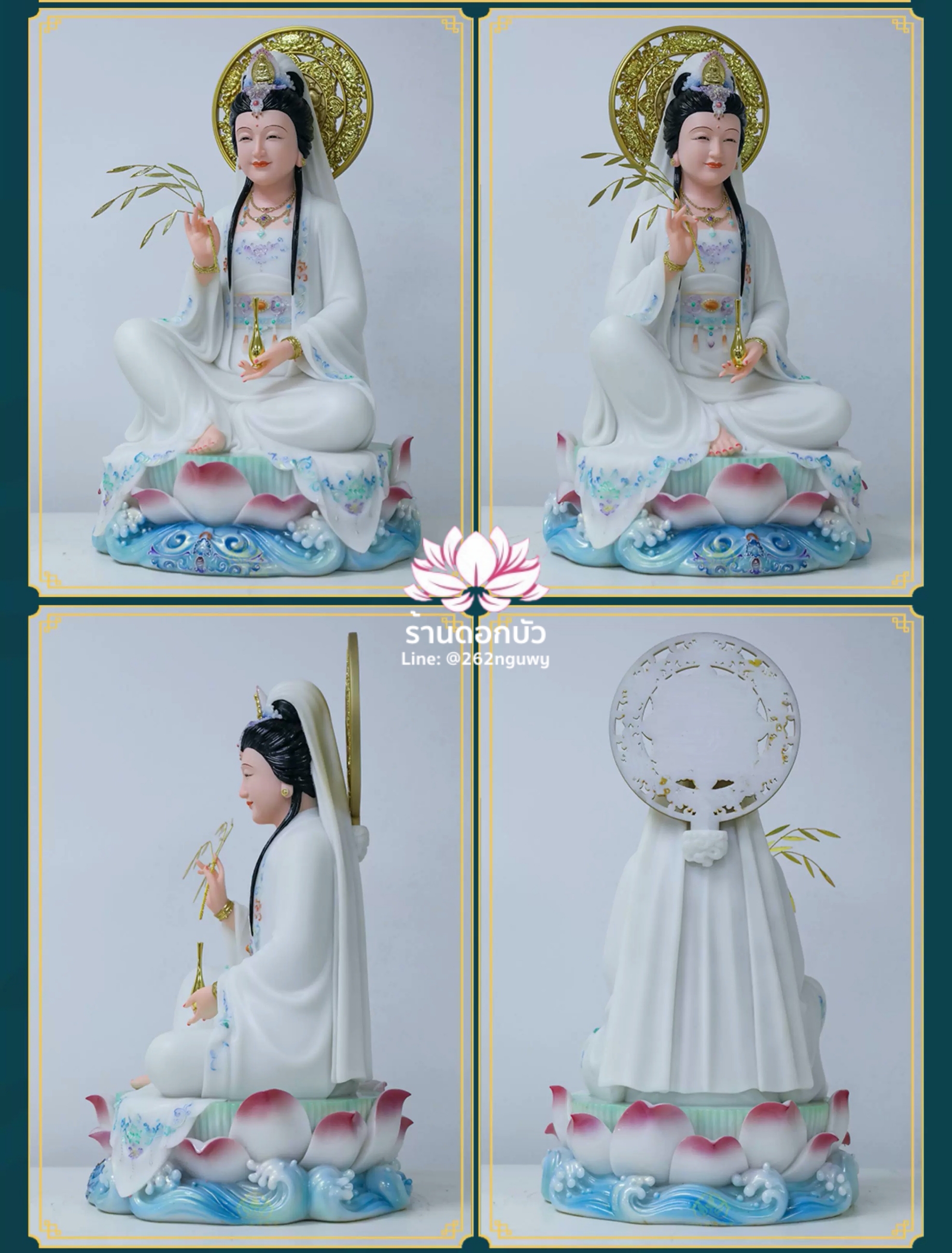 พระโพธิสัตว์กวนอิม ปางนั่งชันเข่าประทับบนดอกบัว งานหินอ่อนคุณภาพสูง ขนาด 12/16/19/26 นิ้ว