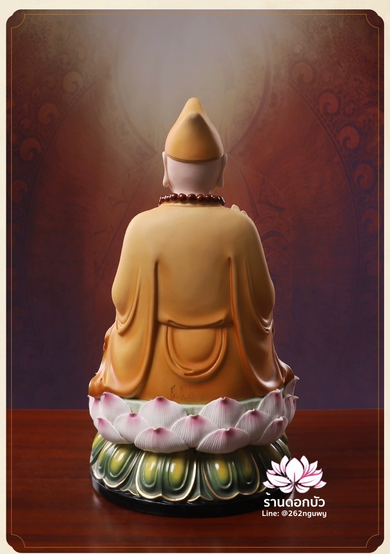 พระอรหันต์จี้กง เต้าจี้ฉานซือ ประทับนั่งบนดอกบัว งานกระเบื้องฮกเกี้ยน สีเหลือง ขนาด 12/16 นิ้ว