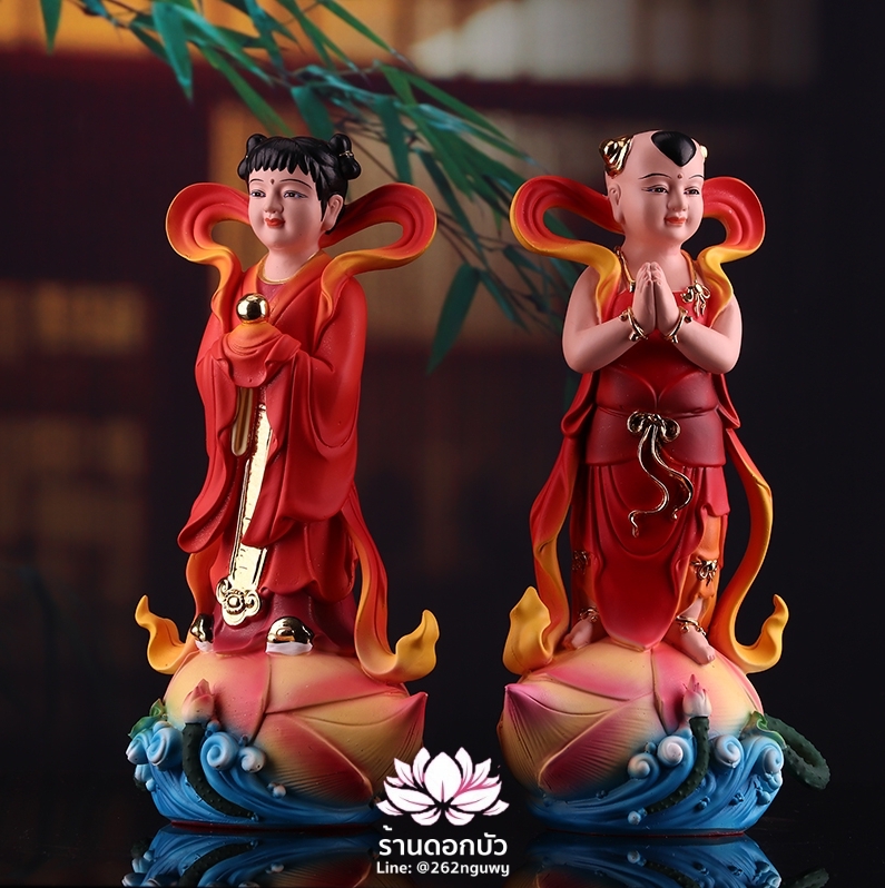 องค์พระเซียนจ๋าย-หยกลื้อ ลูกศิษย์พระโพธิสัตว์กวนอิม งานเรซิ่น สีแดง ขนาด 12 นิ้ว