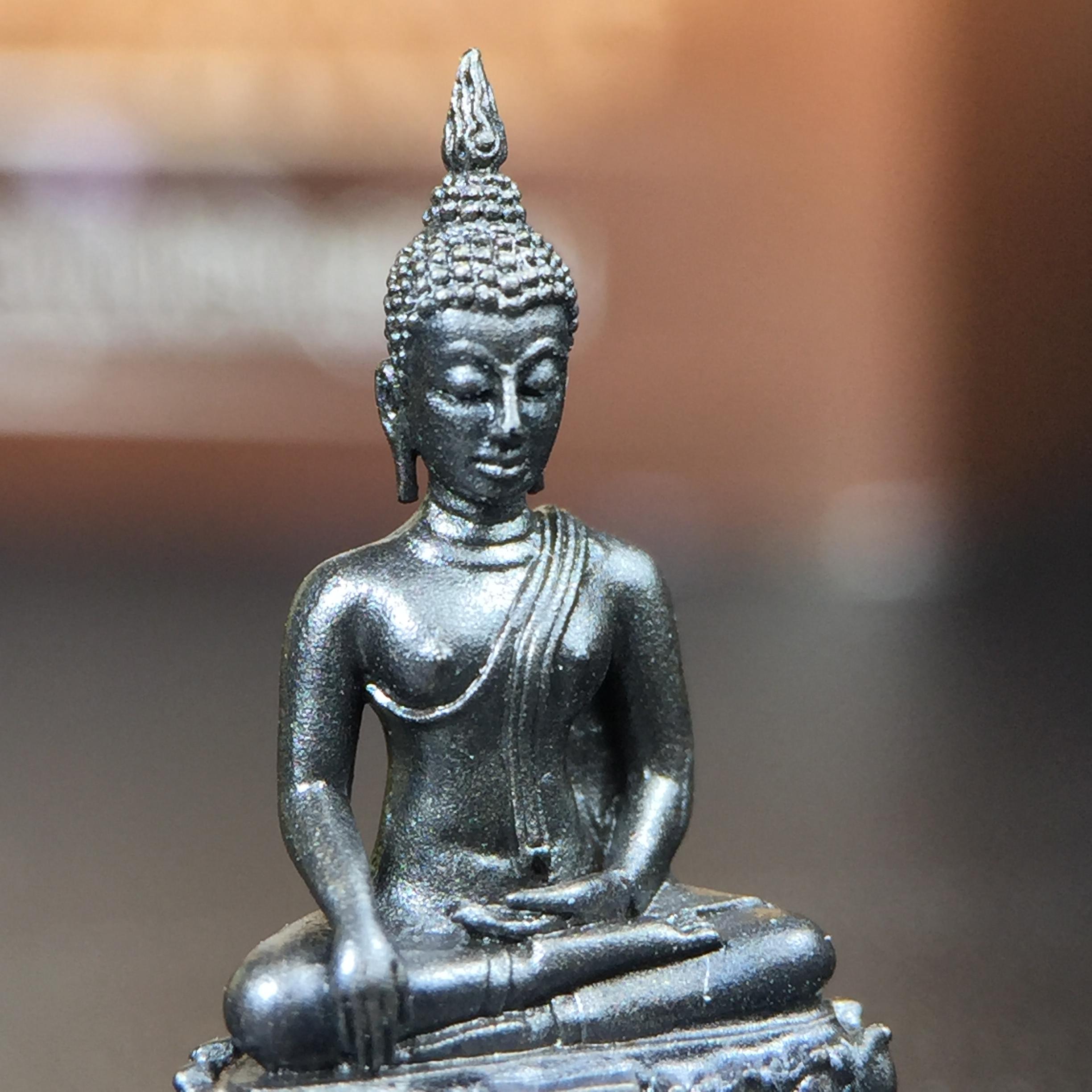 พระพุทธรูปคุ้มเกล้า ภปร. มหามงคล 80พรรษา “รุ่นเย็นศิระเพราะพระบริบาล 80พรรษา มหากษัตริย์คู่แผ่นดินสยาม” เนื้อนวโลหะรมดำ พิมพ์เล็ก ขนาด 10*21 มม.(โลหะชนวนพระ ภ.ป.ร.2508 และผงตะไบพระกริ่งปวเรศ 2530 มาร่วมในการจัดสร้างด้วย)