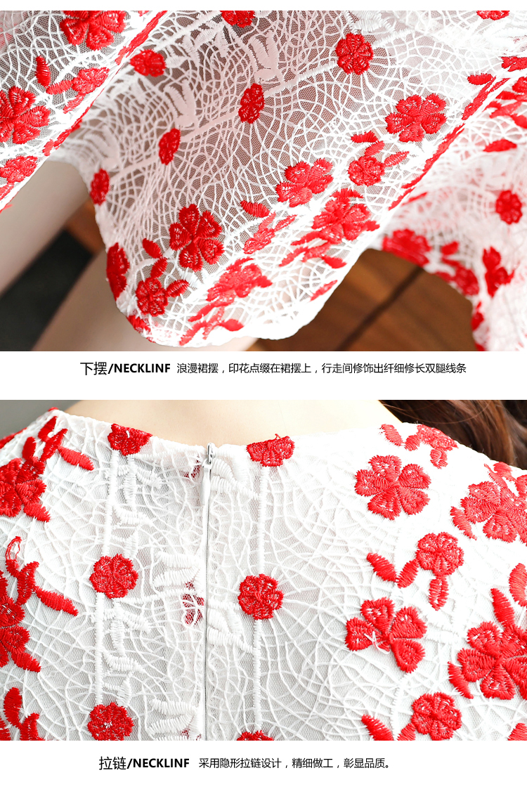 ชุดเดรสผ้าโปร่งปักผ้าลูกไม้สีขาวแดงทั้งตัว สวยดูดี แขนสั้น
