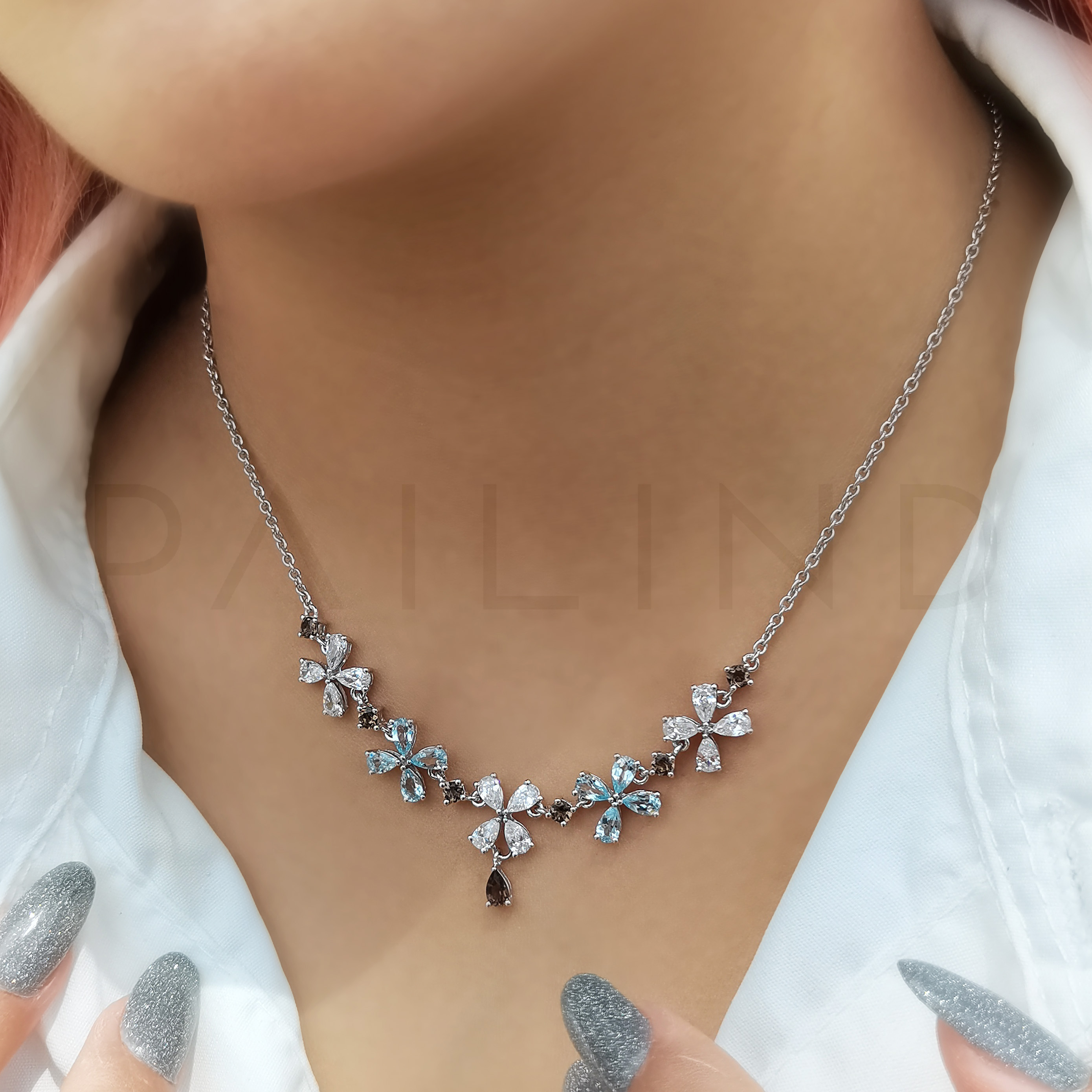 สร้อยคอเงินดีไซน์ดอกไม้ ประดับพลอย Smoky,Sky Blue Topaz,CZ