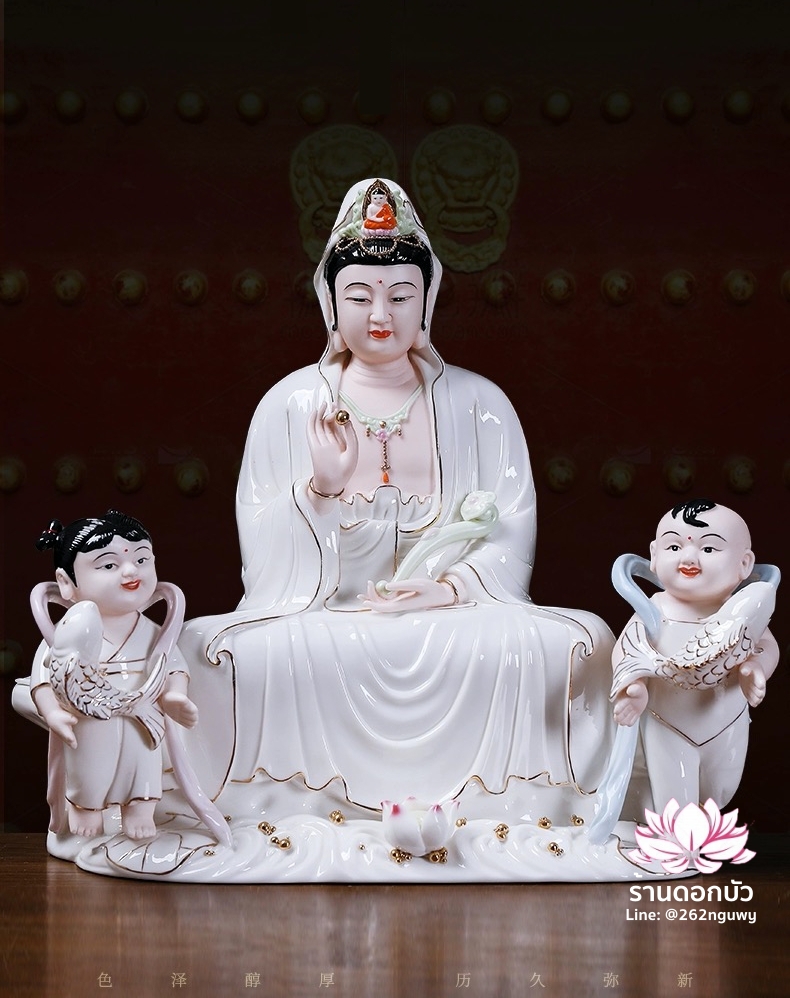 พระโพธิสัตว์กวนอิม พระแม่กวนอิม ปางถือลูกแก้ว พร้อมลูกศิษย์กิมท้ง-เง็กนึ่ง ขนาด 12 นิ้ว