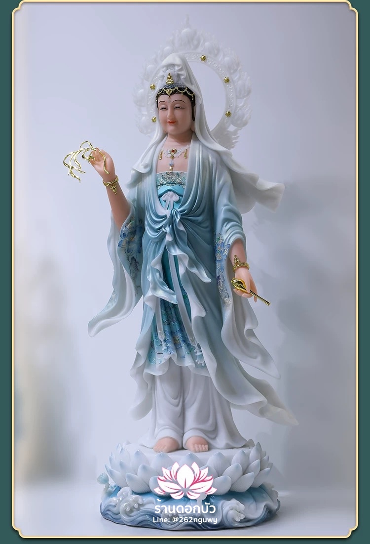พระโพธิสัตว์กวนอิม พระแม่กวนอิมปางประทานพร ประทับยืนบนดอกบัว งานหินอ่อนคุณภาพสูง ขนาด 19/26/36/42 นิ้ว