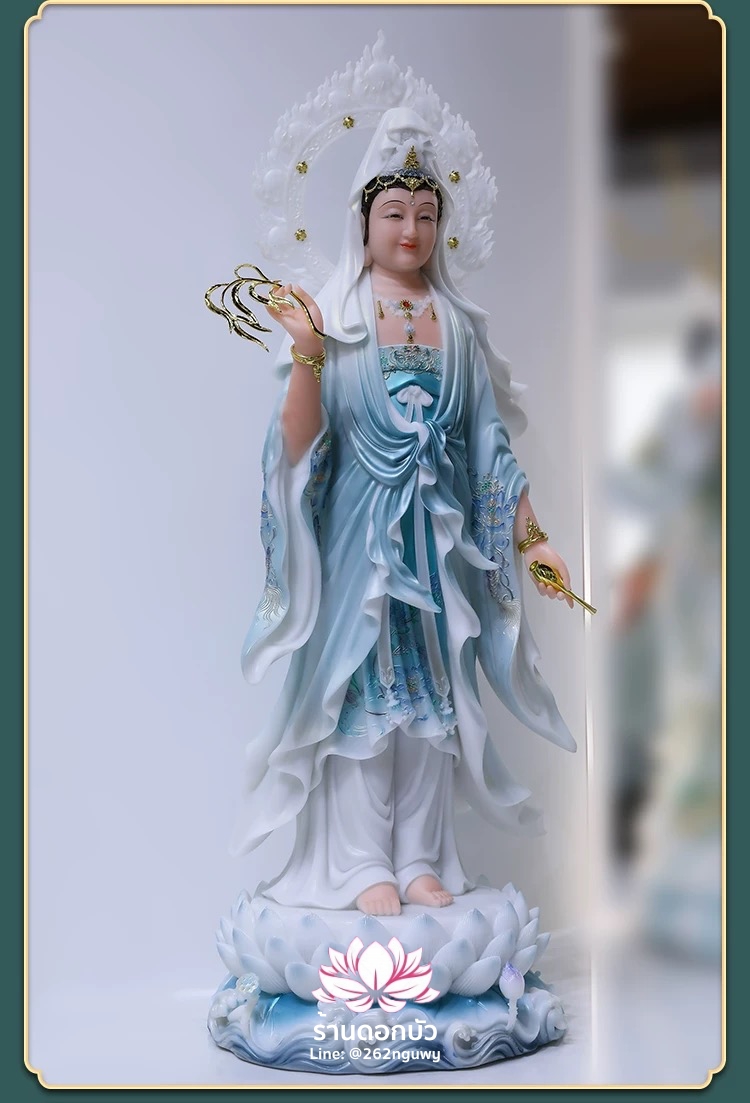 พระโพธิสัตว์กวนอิม พระแม่กวนอิมปางประทานพร ประทับยืนบนดอกบัว งานหินอ่อนคุณภาพสูง ขนาด 19/26/36/42 นิ้ว