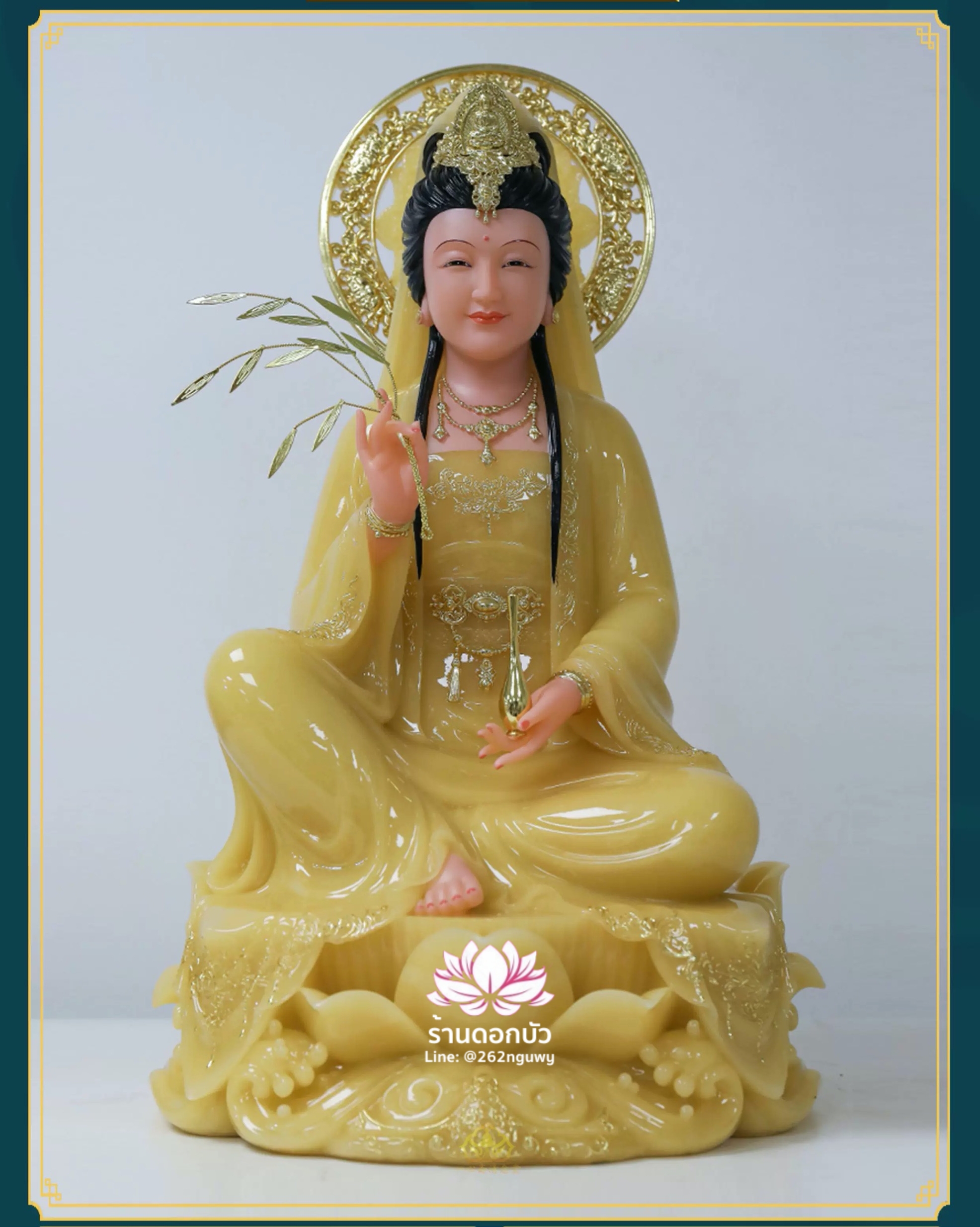 พระโพธิสัตว์กวนอิม ปางนั่งชันเข่าประทับบนดอกบัว งานหินอ่อนคุณภาพสูง ขนาด 12/16/19/26 นิ้ว