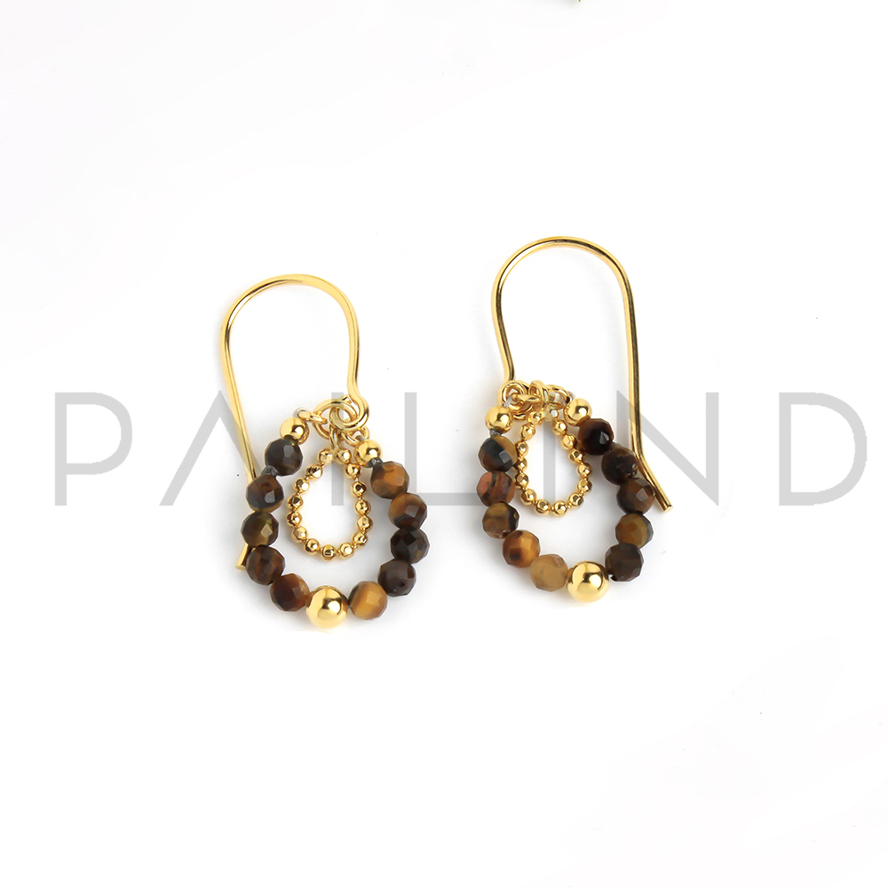 ต่างหูเงินแท้ ประดับหิน Tiger Eye ชุบทอง1ไมครอน