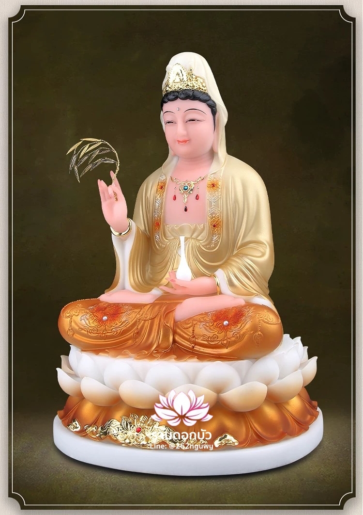 พระโพธิสัตว์กวนอิม พระแม่กวนอิมปางประทานพร ประทับนั่งบนดอกบัว งานหินอ่อน ขนาด 12/16/19 นิ้ว