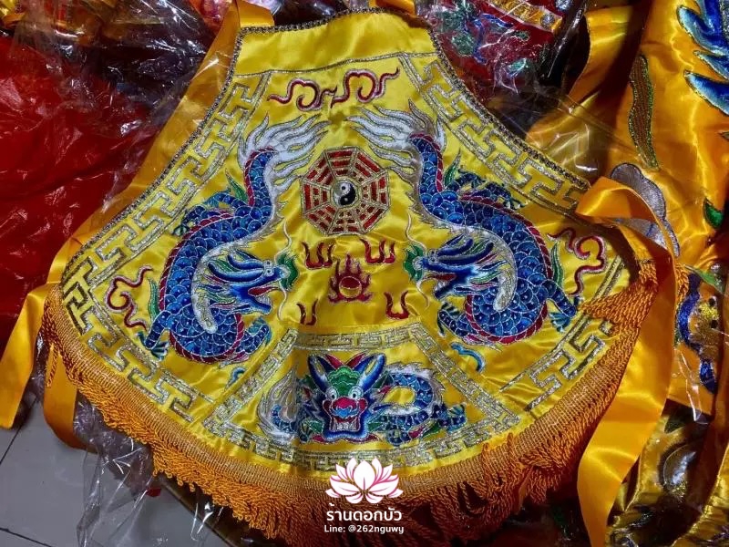 ชุดร่างทรง ชุดม้าทรง ต้อพระจีน ต้อสั้น เอี๊ยมสั้น ลายมังกร สีแดง/เหลือง/ส้ม
