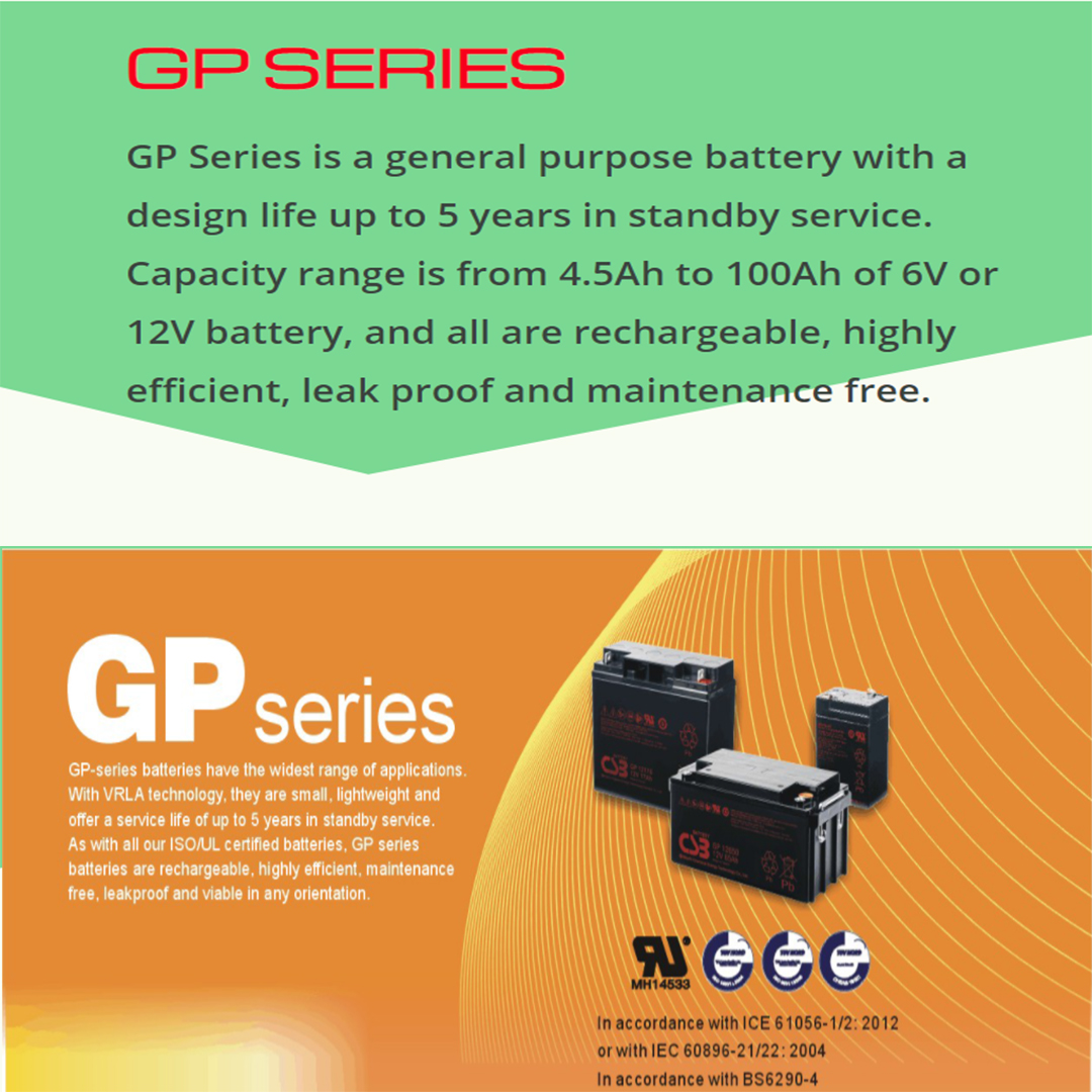 CSB Battery GP SERIES สำหรับระบบสำรองไฟแบตคุณภาพชั้นนำของโลกของแท้100%มือ1 อายุการใช้งานที่ยาวนานสุงถึง 3-5 ปี รับประกันสินค้าจากโรงงาน 1 ปี