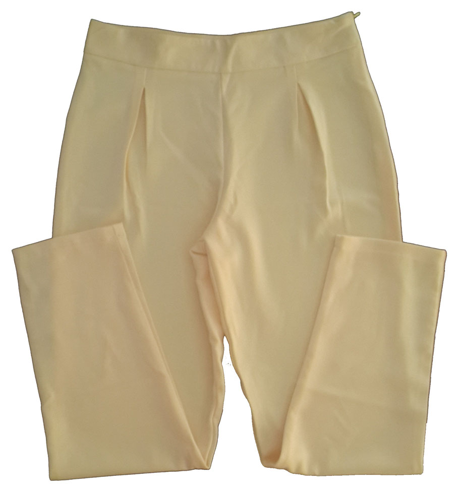 กางเกงขาเดฟเอวสูงจีบทวิตหน้า ผ้าฮานาโกะ สีเหลืองครีม Size S M L XL สำเนา