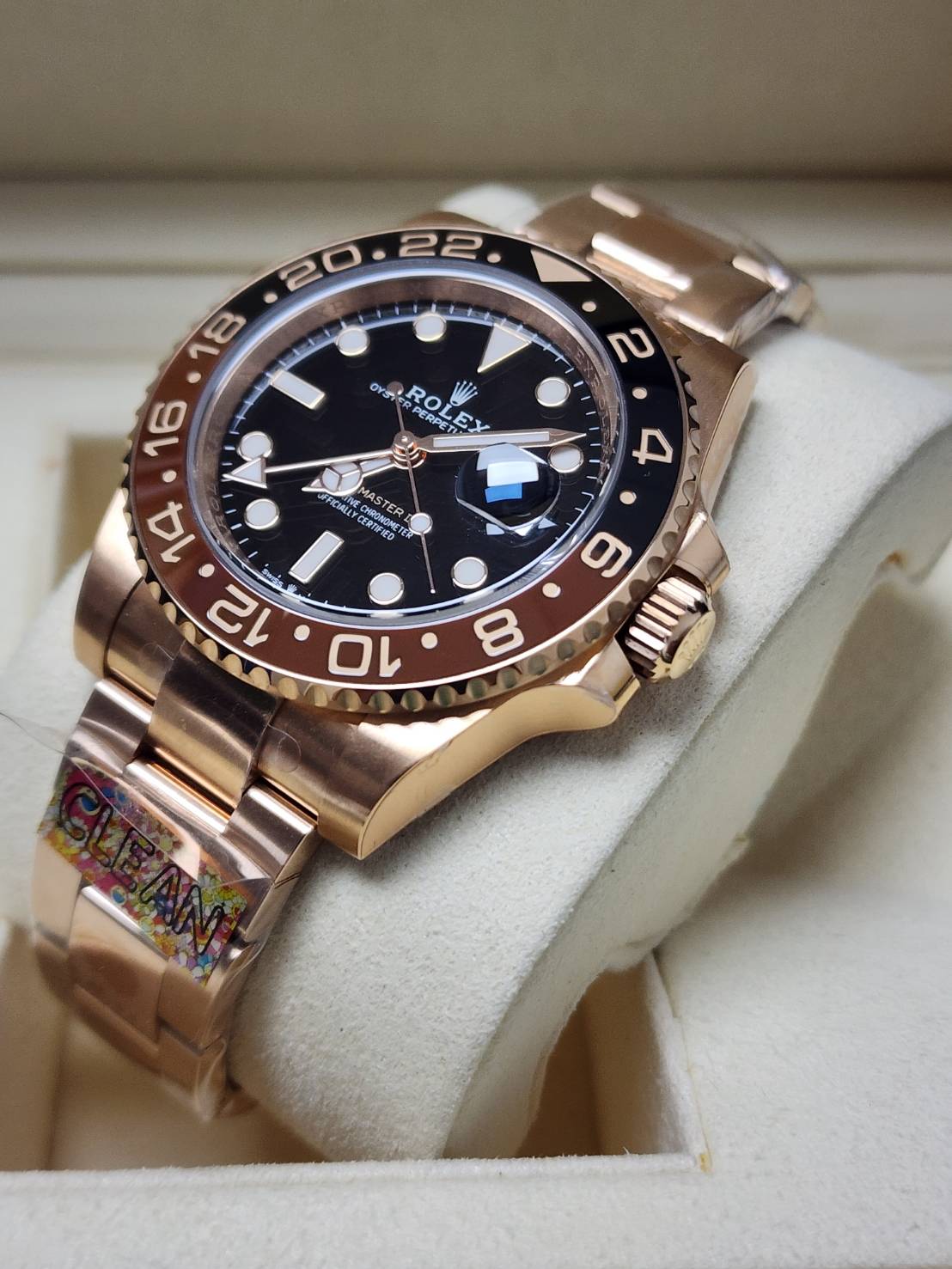 PRE-ORDER ROLEX GMT MASTER II ROSEGOLD CLEAN FACTORY (40MM.) กลไกโคลน ROLEX 3186